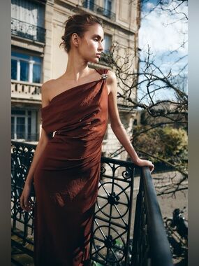 Zara One-Shoulder Brown Satin Evening Dress